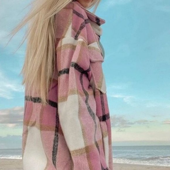 Casual Plaid Flap Pocket detailed button down pink Overshirt - Picture 7 of 16